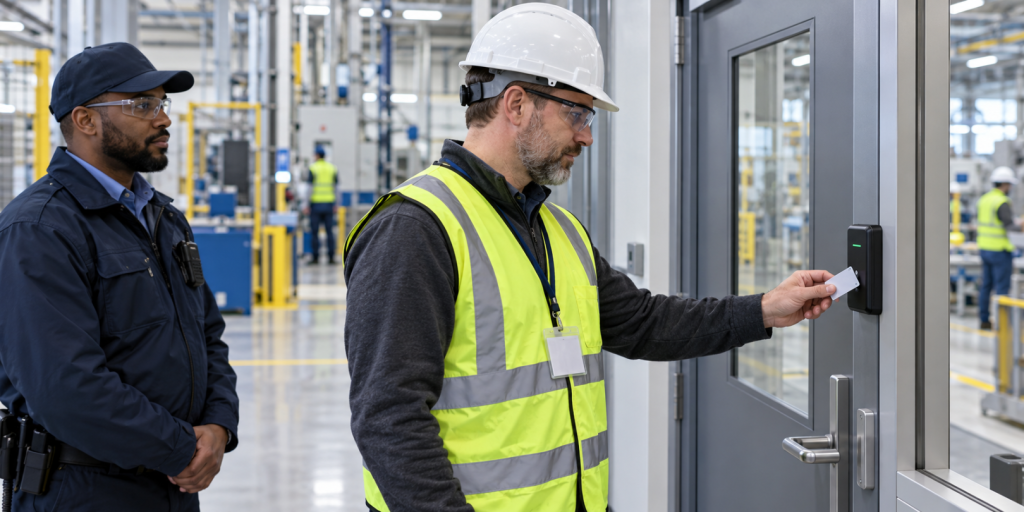 Contractor using an electronic access card at a secured manufacturing facility doo