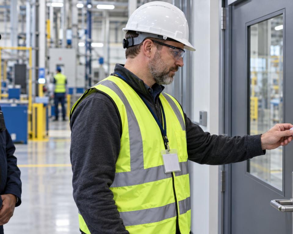 Contractor using an electronic access card at a secured manufacturing facility doo